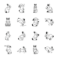 Set of 16 Rabbit Cartoon Drawing Icons 

