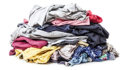 A pile of dirty laundry heaped on a clean white background, showcasing a mix of crumpled clothes in various colors and textures. The untidy collection of garments highlights the everyday mess of house