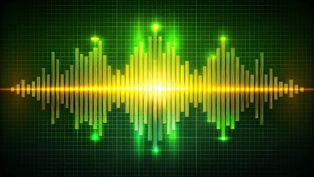 A sleek, futuristic equalizer logo blooms in radiant green, its undulating waveform morphing into vibrant yellow to