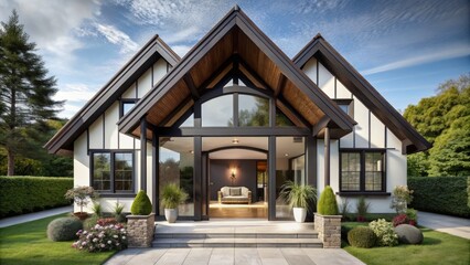 A sleek, modern residence featuring an elegant arched doorway, rich dark timber beams, and a sloping roofline, blending