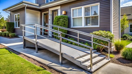 A sleek modern wheelchair ramp is installed on the house, offering effortless accessibility for individuals with