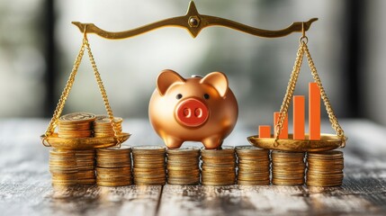 Balanced Growth: A piggy bank, symbolizing savings, rests on a stack of golden coins, balanced against a rising bar graph on a vintage scale.  This image embodies financial stability, wise investments