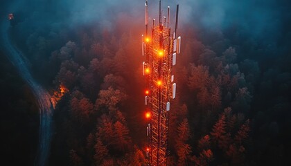 Signal Amidst the Storm: A lone cell tower, illuminated against a stormy sky, broadcasts connectivity from a remote forest location, highlighting the reach of technology and the contrast between natur