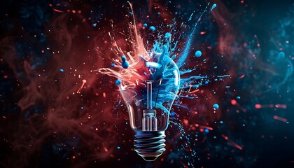 creative bulb explodes with colorful paint and splashes on black background