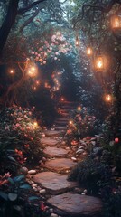 Fototapeta premium A enchanting pathway meanders through a vibrant garden glowing softly with lanterns