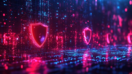 Cybersecurity Guardians: Glowing shields stand guard amidst a cascade of binary code, symbolizing robust data protection in the digital realm. 