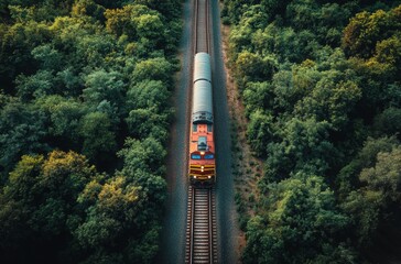 Fototapeta premium Train Journey Through Lush Forest: An aerial view of a train cutting through a dense forest, highlighting the contrast between nature and industry. This captivating image captures the essence of trave