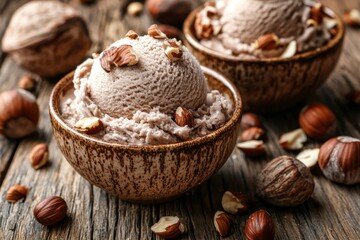 Close-up of Hazelnut Ice Cream in a Brown Bowl with Hazelnuts