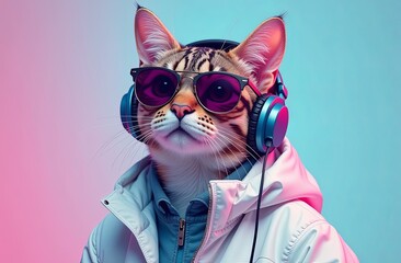 Fantasy cat in a jacket, headphones and sunglasses listening to music on a pink and blue background
