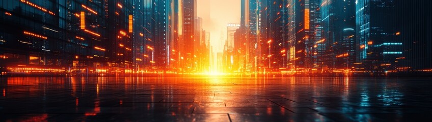 Cyberpunk Cityscape Sunset: A mesmerizing digital art illustration depicting a futuristic city bathed in the radiant glow of a setting sun. The towering structures and neon lights create a vibrant and