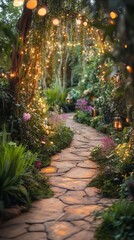 Fototapeta premium A charming garden path lit by fairy lights bordered by vibrant flowers and greenery