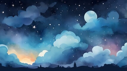 A watercolor background of a night sky with clouds and stars in cartoon style