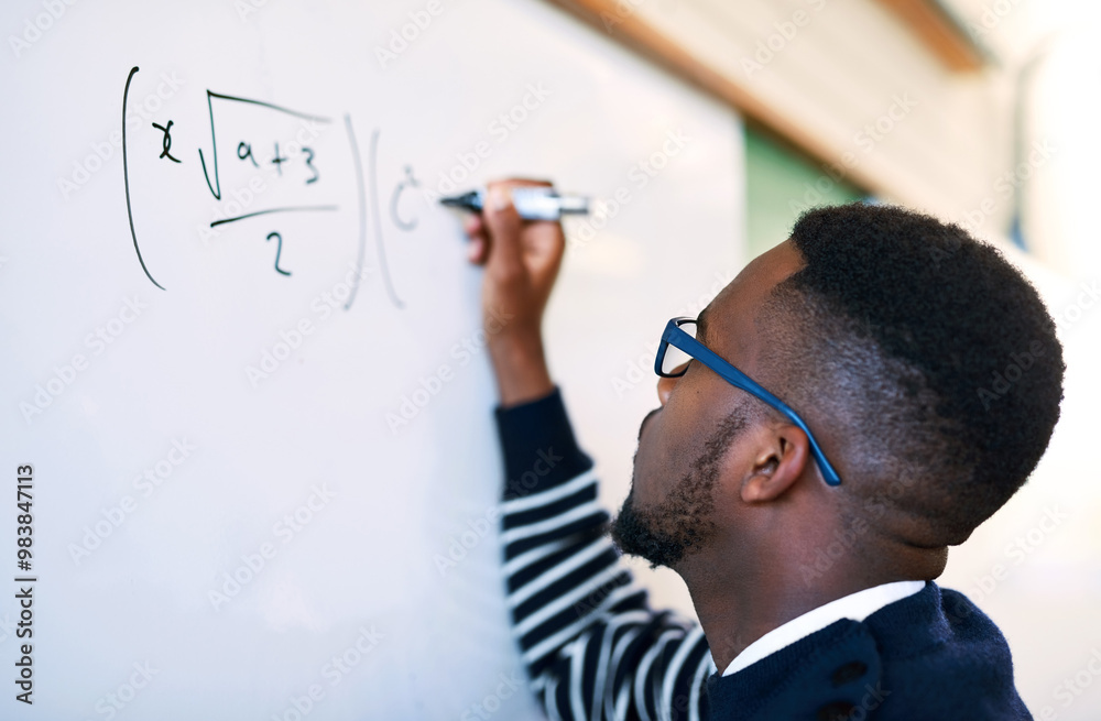 Poster teaching, classroom and black man writing on whiteboard for math lesson, learning and examination. e