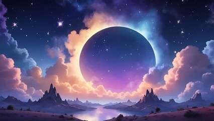 Animated style watercolor background depicting a night sky with stars and clouds