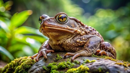 Fototapeta premium A toad with six toes sits peacefully on a rock, surrounded by vibrant green vegetation, its warty skin