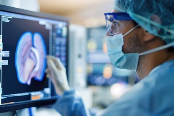 Cutting-edge scientist examines 3D-printed liver in sterile lab, utilizing holographic display and advanced bioprinter, soft lighting illuminates groundbreaking organ fabrication technology