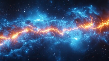 Cosmic Clash: A fiery rift of energy tears through a celestial canvas, illuminating the vast expanse of space with a vibrant clash of blue and orange.