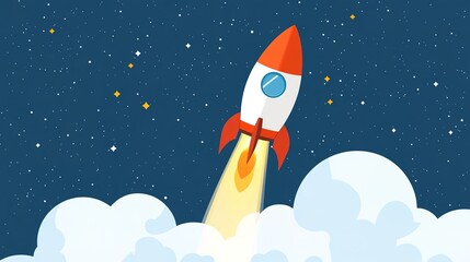 A dynamic depiction of a rocket launching into the sky, showcasing the powerful propulsion and vibrant flames. The rocket is designed with sleek lines and bold colors, 