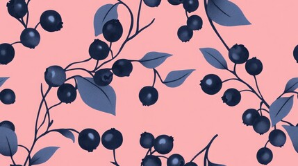 Seamless geometric floral pattern featuring dark gray silhouettes of a blueberry plant set against a pink background