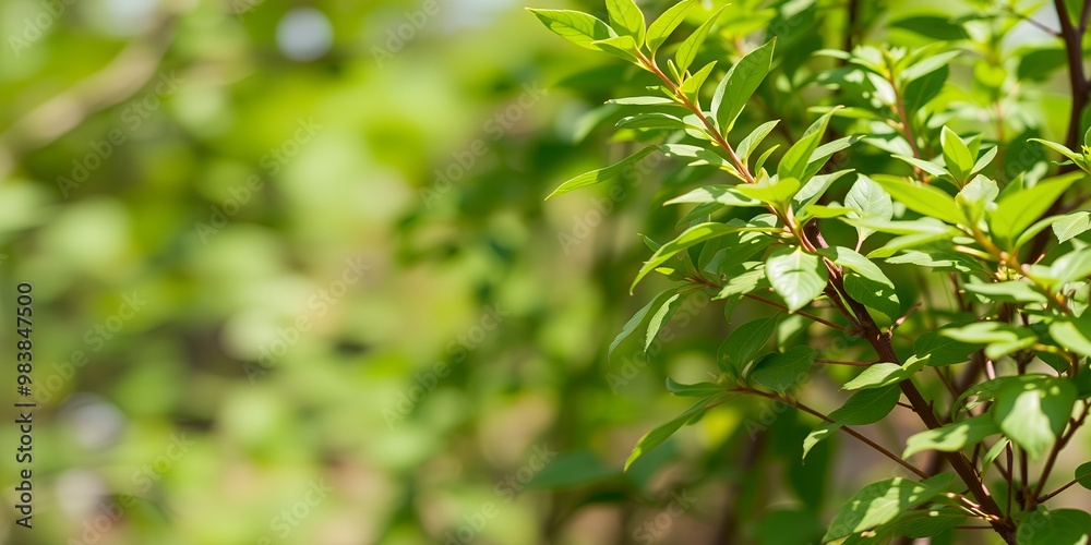 Poster Closeup of green leaves on a branch