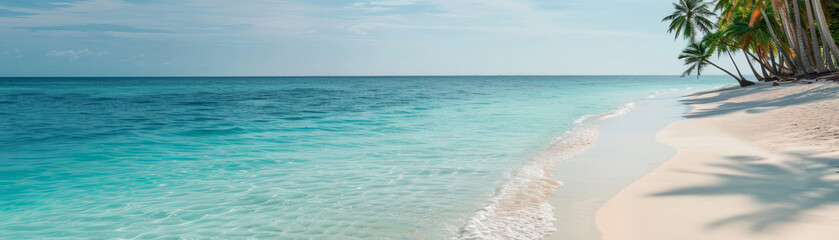 Obraz premium Tranquil tropical beach paradise. White sandy shores meet crystal clear waters. Gentle palm trees sway in ocean breeze. Serene coastal landscape. Idyllic seaside retreat with pristine sands.