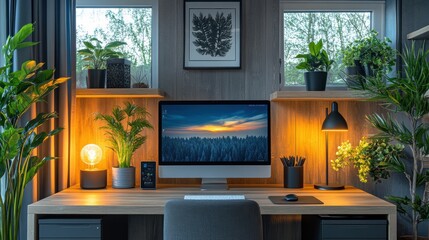 Modern Home Office:  A serene and minimalist home office with a focus on natural light and greenery. The desk is set against a calming backdrop of grey walls and a window with a view of the outdoors. 
