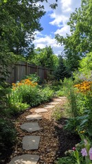 Naklejka premium A peaceful garden path meanders through lush native plants and colorful flowers