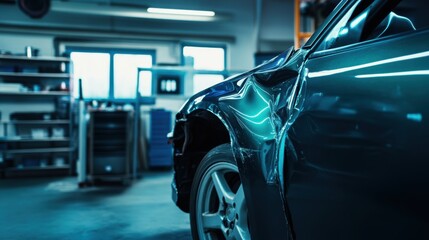 Wrecked Car Awaiting Repair in Modern Auto Shop 