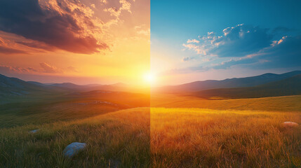 Equinox Horizon, a natural landscape split evenly between sunlight and twilight, showing the shift in light, with copy space, The September Equinox