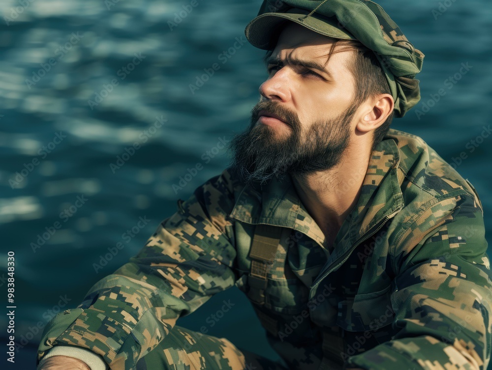 Canvas Prints A man in camouflage clothing looks out over the water. AI.