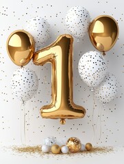 Golden Balloon One:  A gold number one balloon with white and gold confetti balloons and shiny gold and white balls on a white background.  