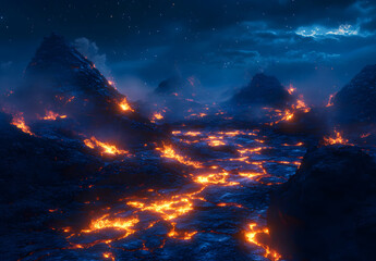 Naklejka premium Glowing Lava Rocks with Rays of Light - Volcanic Landscape and Heat Concept
