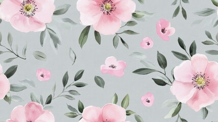 Fototapeta premium Watercolor pattern featuring pink flowers and green leaves on a gray background suitable for fabric wallpaper and wrapping paper design