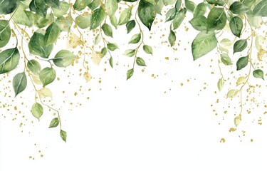 Golden Greenery Garland: A watercolor illustration of delicate green leaves and cascading gold confetti, perfect for elegant invitations, romantic designs, and nature-inspired creations. 