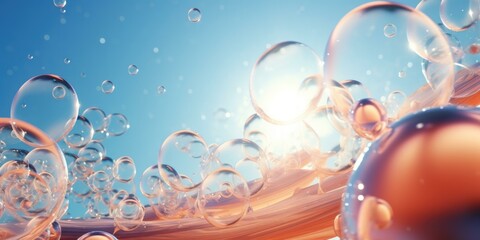 Bubbles floating in the air with sunlight shining through. AI.