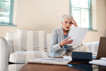 Old woman, shock and paper for finance in home, expenses and taxes mistake for payment. Female...