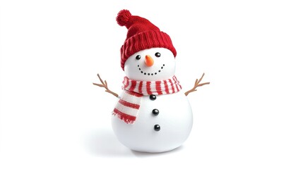 A cheerful cartoon snowman standing against a white background, adorned with a colorful scarf and a top hat. The snowman has a friendly smile, with coal eyes and a carrot nose, 