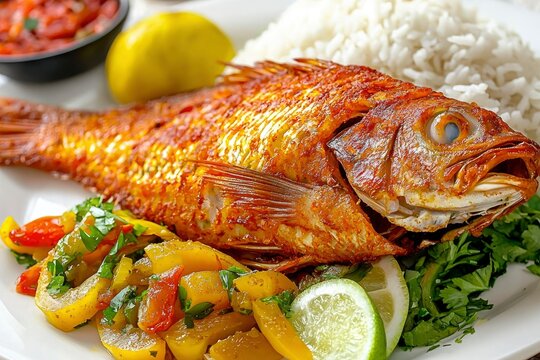 Fried Red Snapper with Rice, Peppers, and Lemon