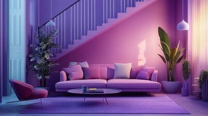Vibrant purple living room with plush sofa, pink armchair, colorful cushions, and indoor plants. AI generated