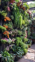 Obraz premium Lush greenery and vibrant blooms create a tranquil urban retreat with vertical gardens