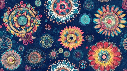 Oriental pattern featuring colored mandalas on a blue background with vintage decorative elements and various motifs