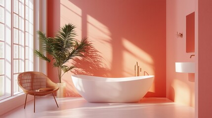 Fototapeta premium White bathtub, peach walls, rattan chair, large windows, and lush plants. AI generated