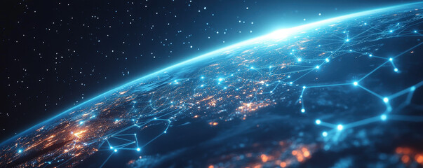 Fototapeta premium Worldwide digital ecosystem illustrated with device connectivity in web banner design