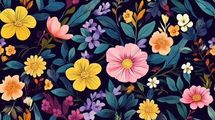 Seamless floral pattern featuring spring blooms and foliage