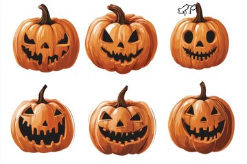 Set of 6 spooky halloween pumpkins isolated in white background