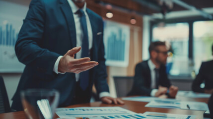 Fototapeta premium A professional auditor presenting findings from an audit during business meeting, emphasizing key points with hand gestures.