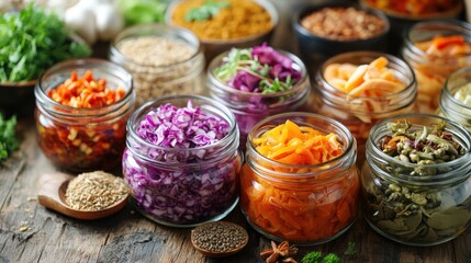 Assorted vibrant fermented foods neatly arranged in clear glass jars showcasing colorful vegetables grains and spices against a rustic kitchen background ideal for a healthy lifestyle scene