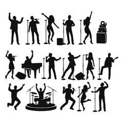 Singer silhouette, sing music. Pop, country music, rock stars and hiphop rapper artist vocalists.