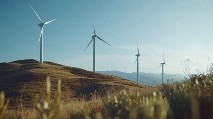 Obraz premium Wind turbines stand tall on rolling hills under a clear sky, symbolizing renewable energy and sustainable development.