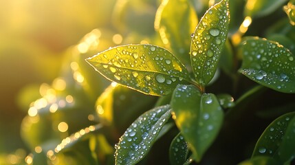 Close-up of dewy green leaves illuminated by warm morning sunlight.